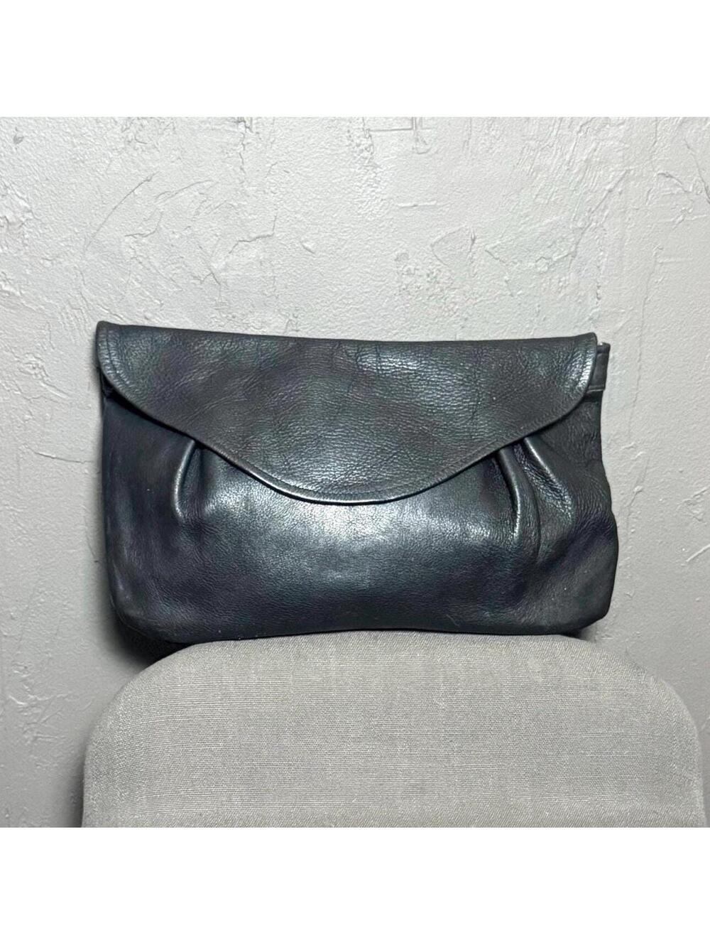 1970's Pebbled Leather Clutch Bag Black Handmade Luxe Purse